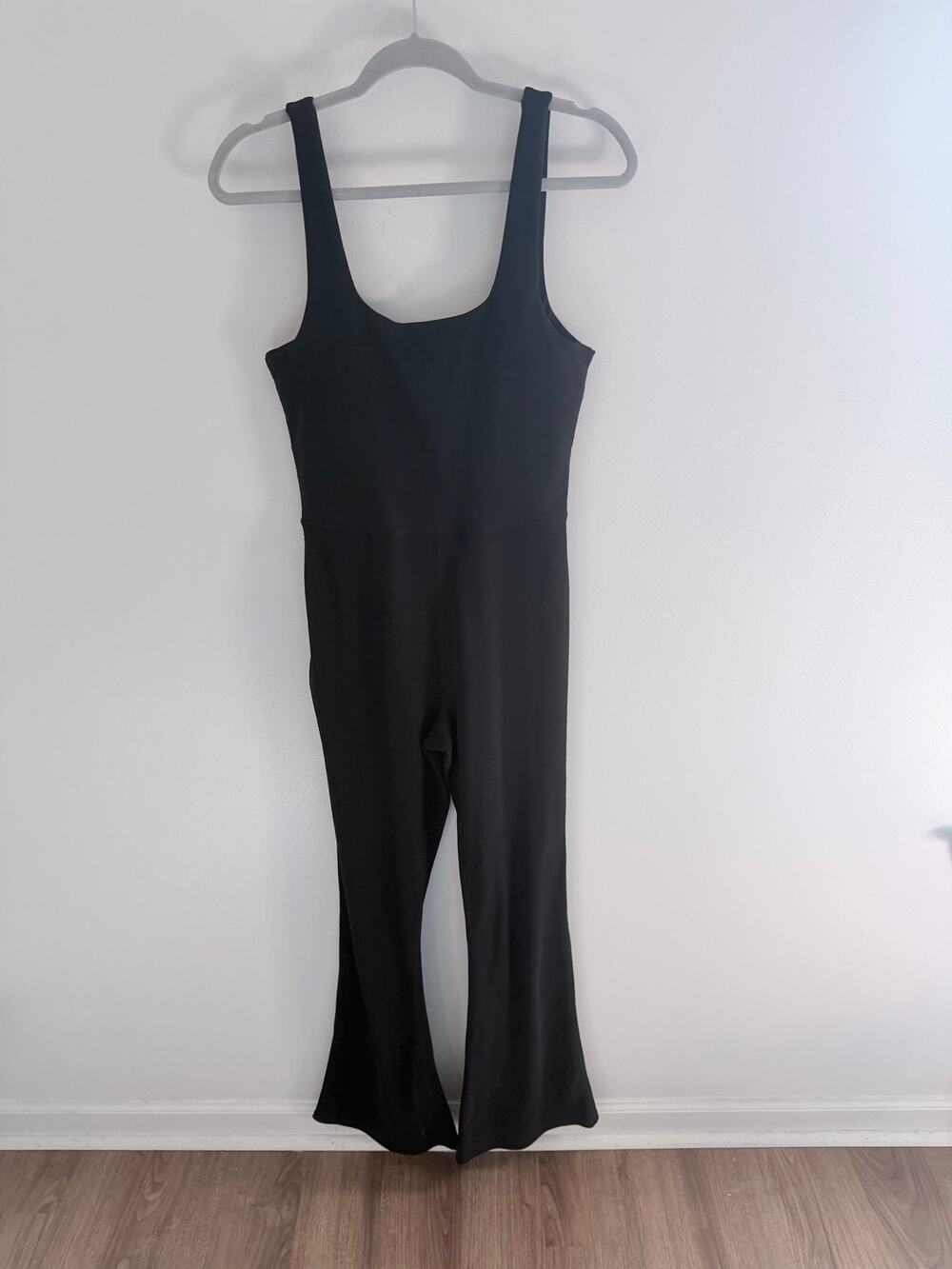 Move Theology Black Athleisure Stretchy Ribbed Casual Flared Jumpsuit-Size L